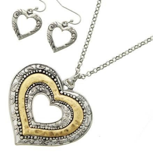 Two Tone Heart Necklace Set - Picture 3 of 6